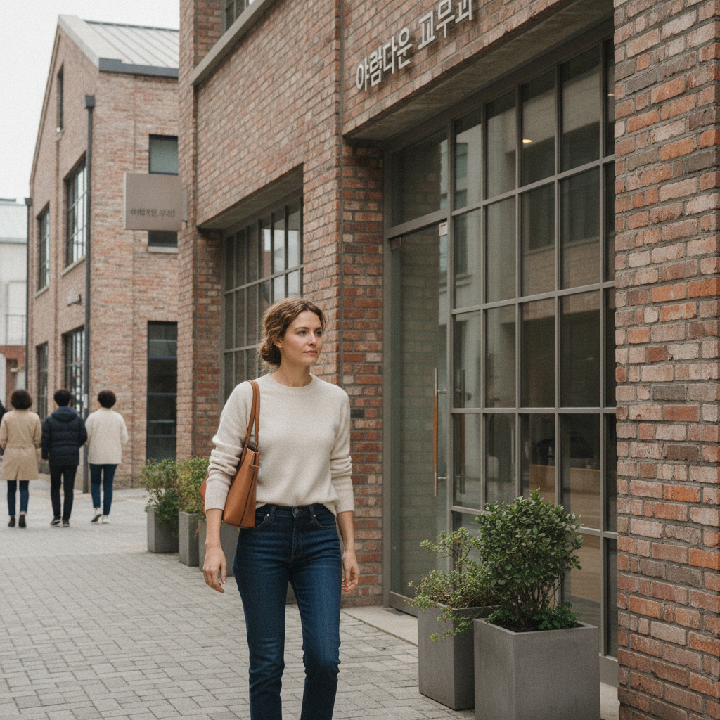 Caucasian woman in her early thirties walking past a boutique aesthetic clinic in Seongsu, Seoul