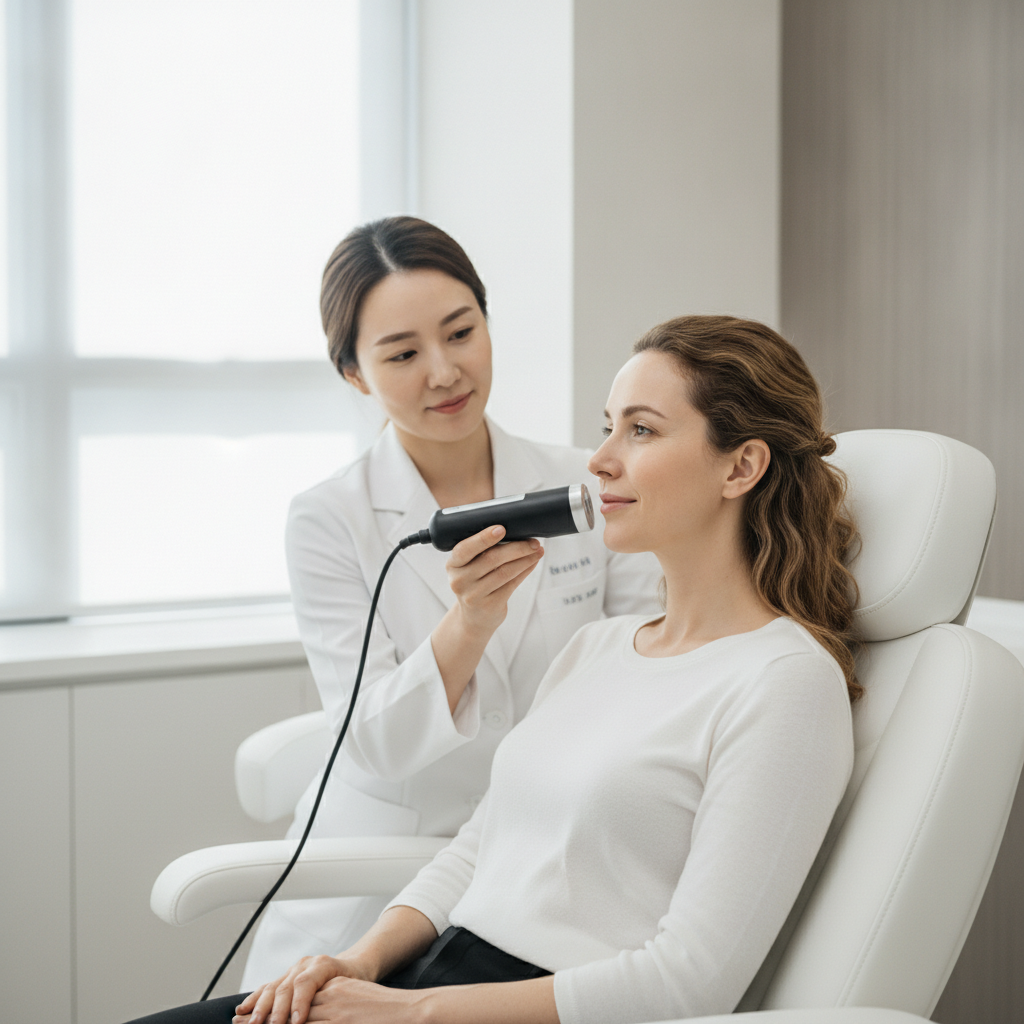 Caucasian woman in her early thirties during a skin consultation at a Sinnonhyeon clinic, clinician reviewing her skin with a digital analysis device