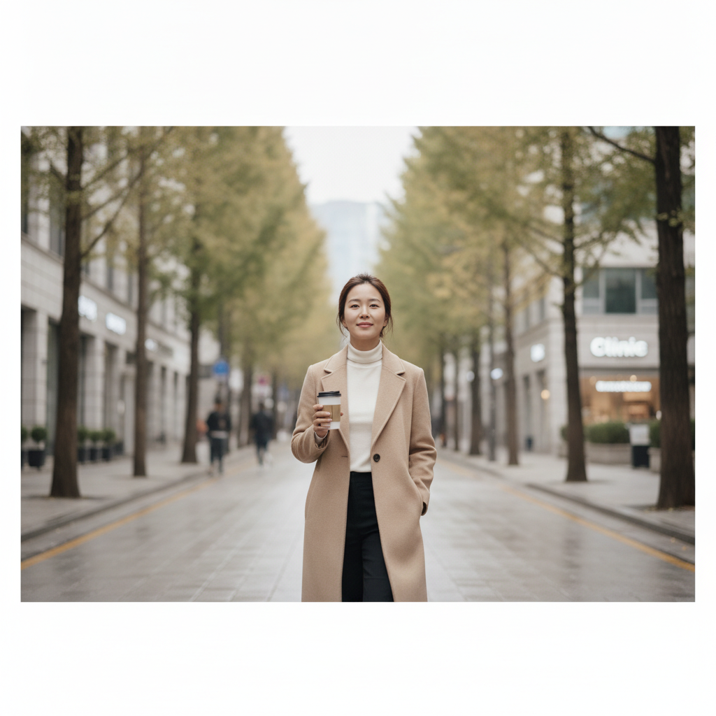 Woman walking down a quiet Apgujeong street in Seoul after an aesthetic clinic appointment
