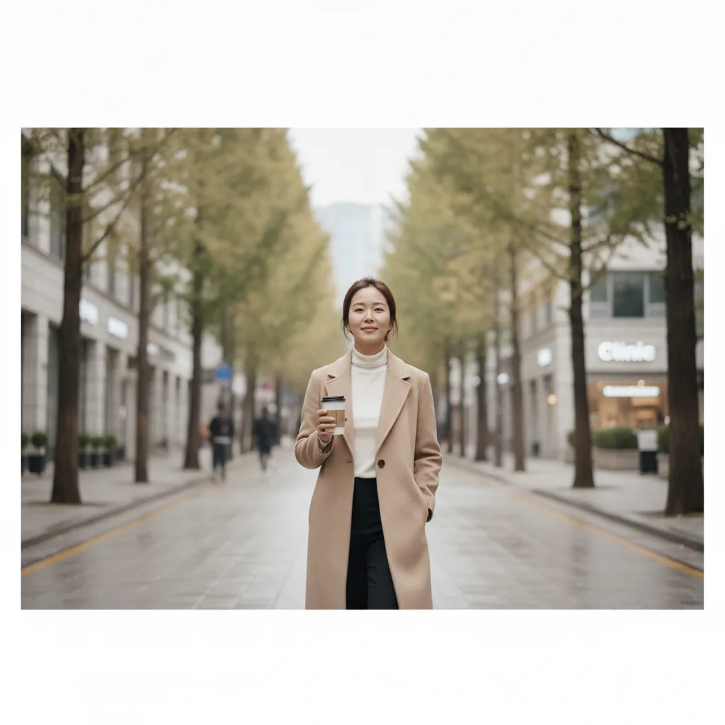 Woman walking down a quiet Apgujeong street in Seoul after an aesthetic clinic appointment