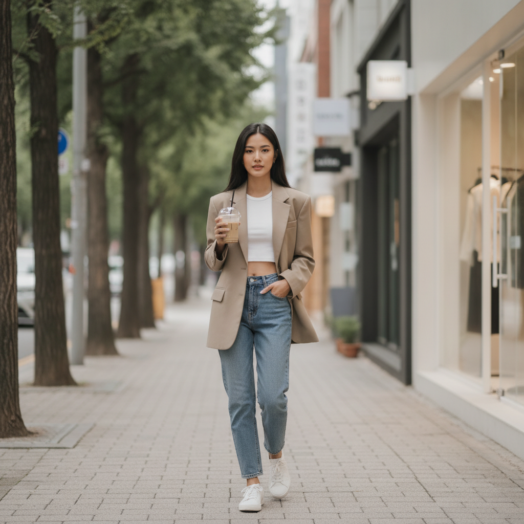Woman walking a quiet Sinsa street with iced coffee after aesthetic treatment
