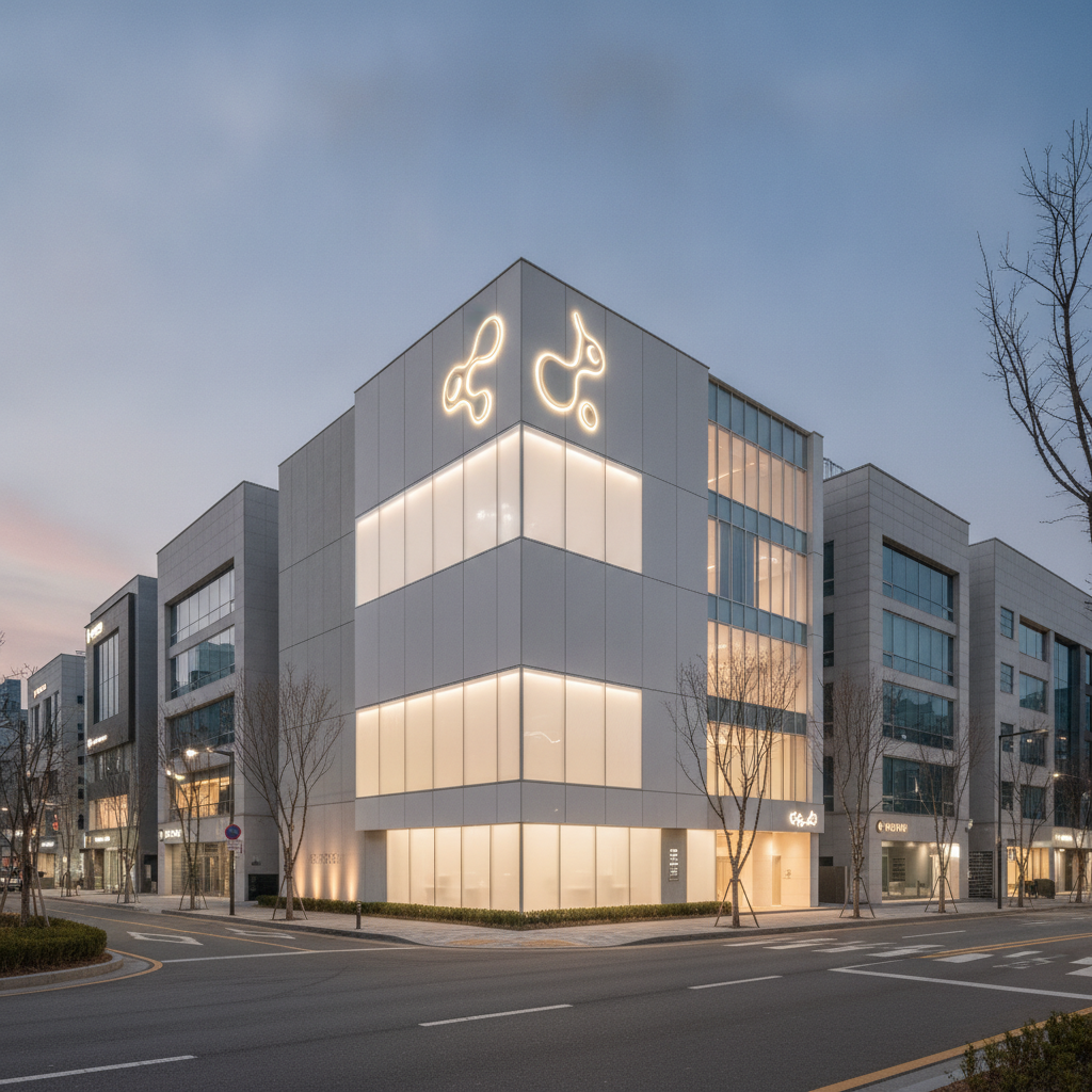 Modern Korean aesthetic clinic exterior in Gangnam Seoul at dusk