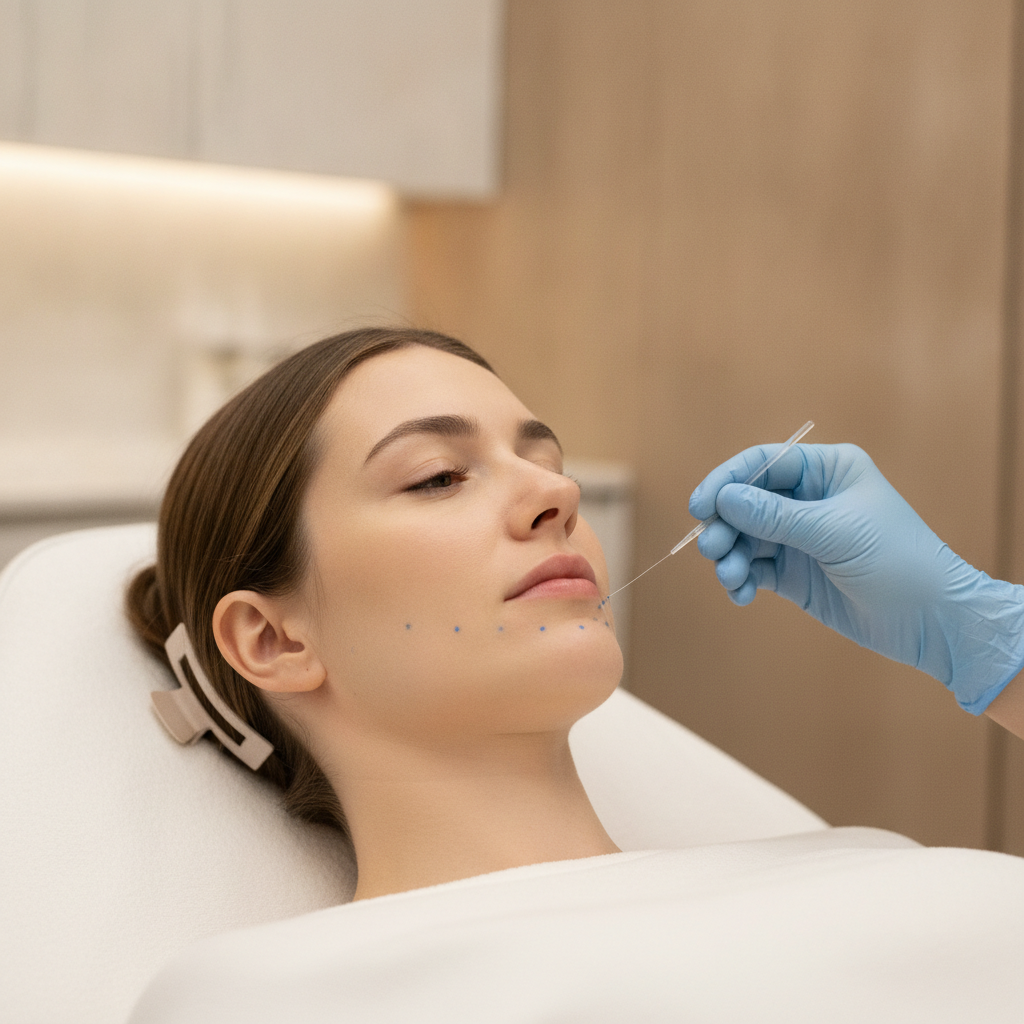 Close-up of a Caucasian woman's jawline being marked with blue mapping dots by a gloved clinician in a Seoul treatment room.
