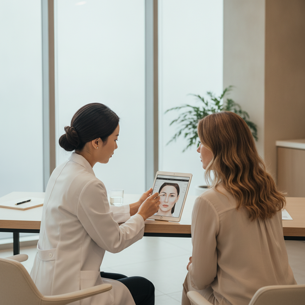 Consultation for temple filler at a modern Apgujeong aesthetic clinic in Seoul