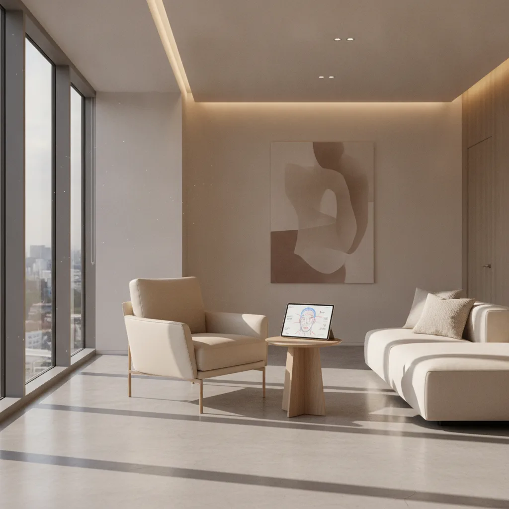 Minimalist consultation room in a Gangnam aesthetic clinic in Seoul with warm afternoon light.