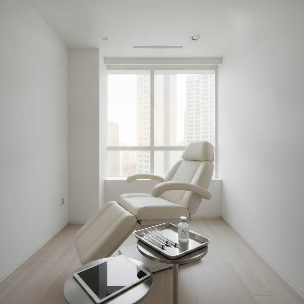 Minimalist aesthetic clinic treatment room in Gangnam Seoul with reclined chair and capped syringes on a tray