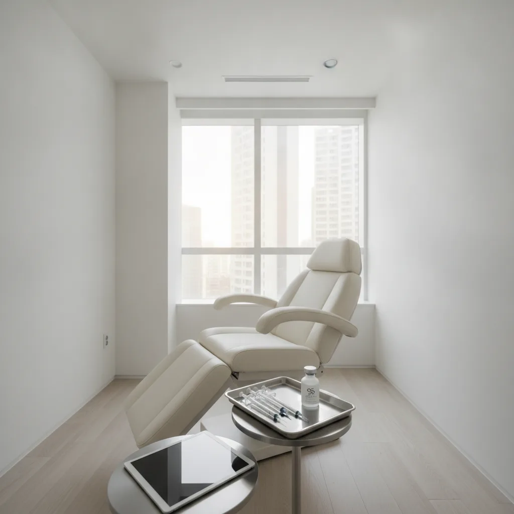 Minimalist aesthetic clinic treatment room in Gangnam Seoul with reclined chair and capped syringes on a tray