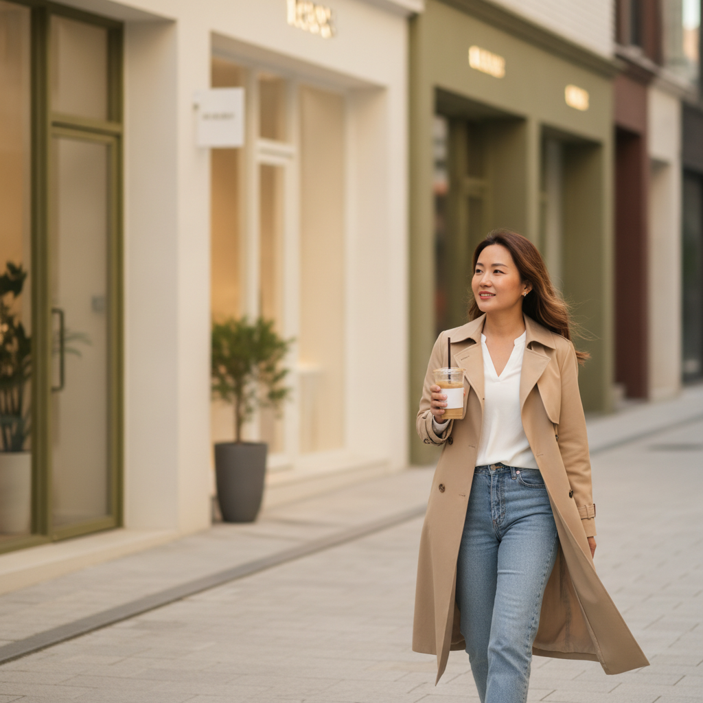 Woman with calm, glowing skin walking in Sinsa district Seoul after rosacea treatment