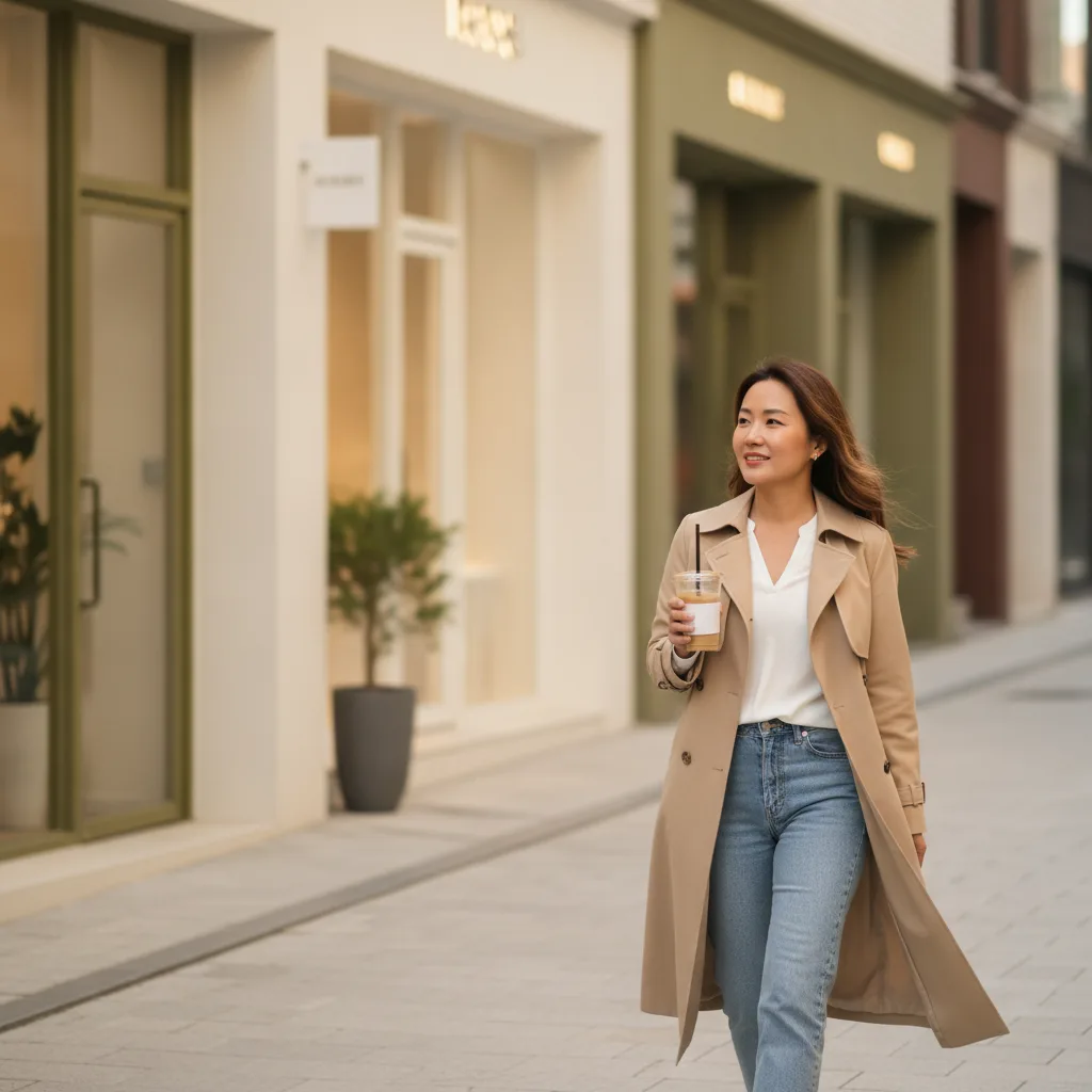 Woman with calm, glowing skin walking in Sinsa district Seoul after rosacea treatment