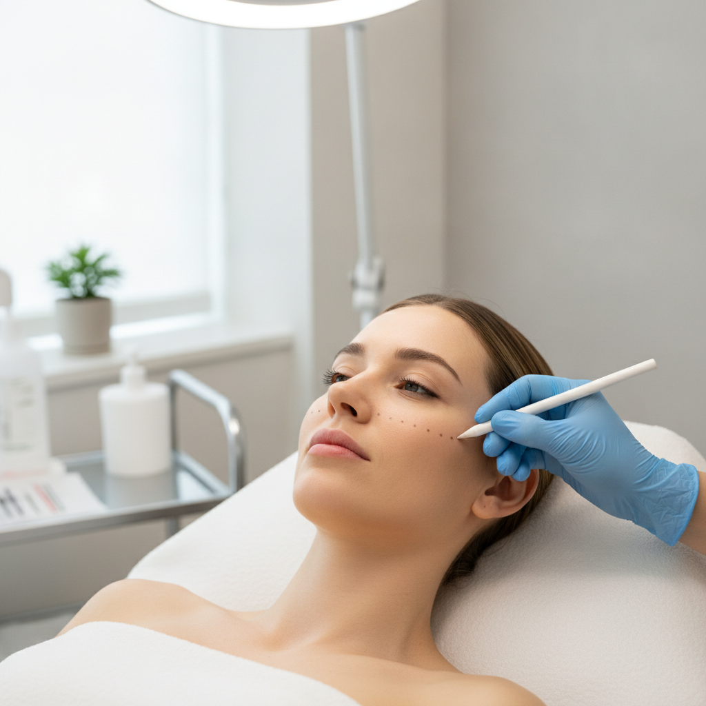 Clinician marking Rejuran injection points on a Western woman's cheek in a Gangnam treatment room