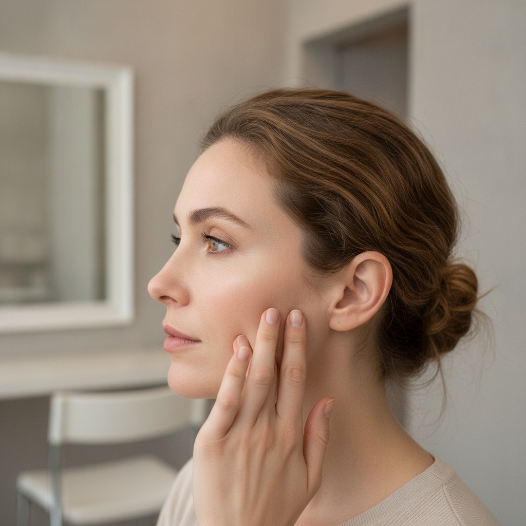 Close-up profile of a woman touching her mid-cheek during aesthetic assessment