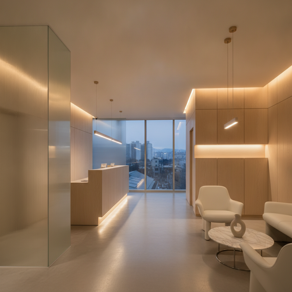 Modern Gangnam aesthetic clinic reception at dusk with warm ambient lighting