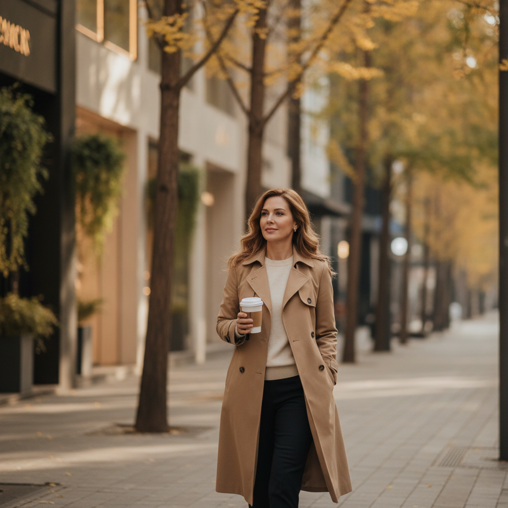 A woman walks a tree-lined Apgujeong street with a coffee cup, days after a marionette line treatment at a nearby Seoul clinic.