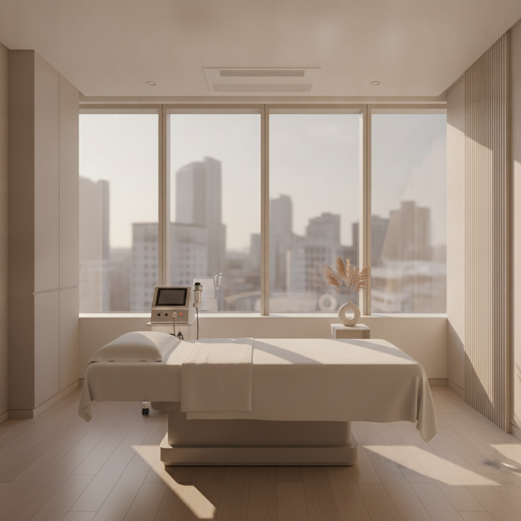 Modern RF microneedling treatment room interior at a Gangnam aesthetic clinic, minimalist design with soft morning light