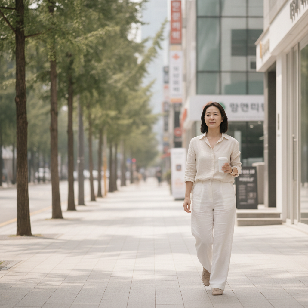 Woman walking on a quiet Cheongdam street in Seoul holding a coffee, minimalist outfit.