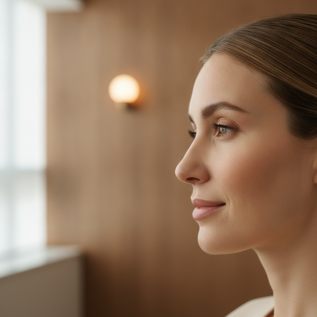 Close-up profile of a woman's lower face and mouth area in a minimalist Seoul aesthetic clinic consultation room