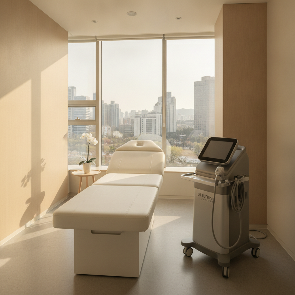 Modern Seoul aesthetic clinic treatment room with a Shurink Universe HIFU console beside a white treatment bed.