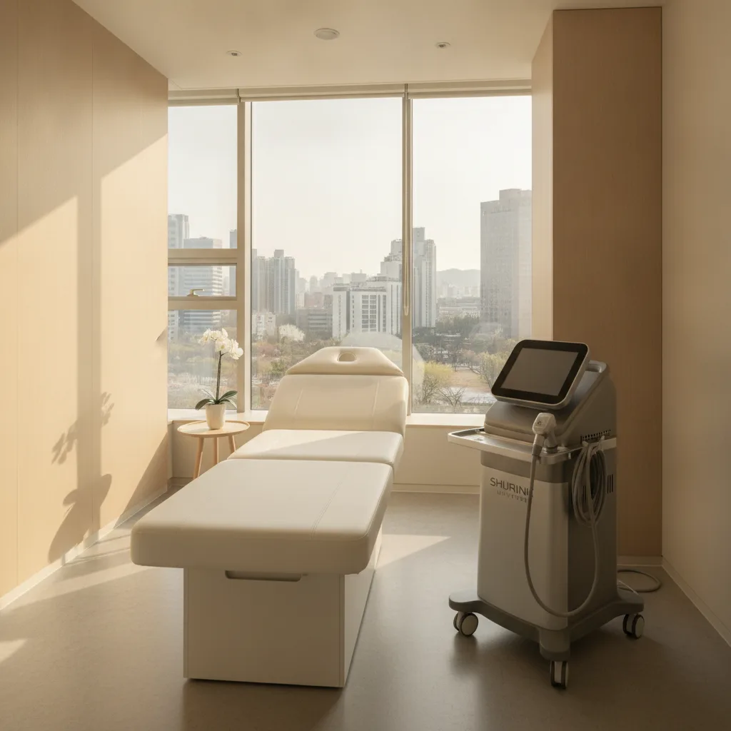 Modern Seoul aesthetic clinic treatment room with a Shurink Universe HIFU console beside a white treatment bed.