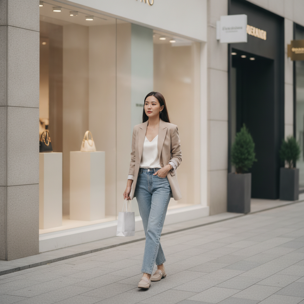 Woman walking a Seoul Apgujeong street with a defined jawline