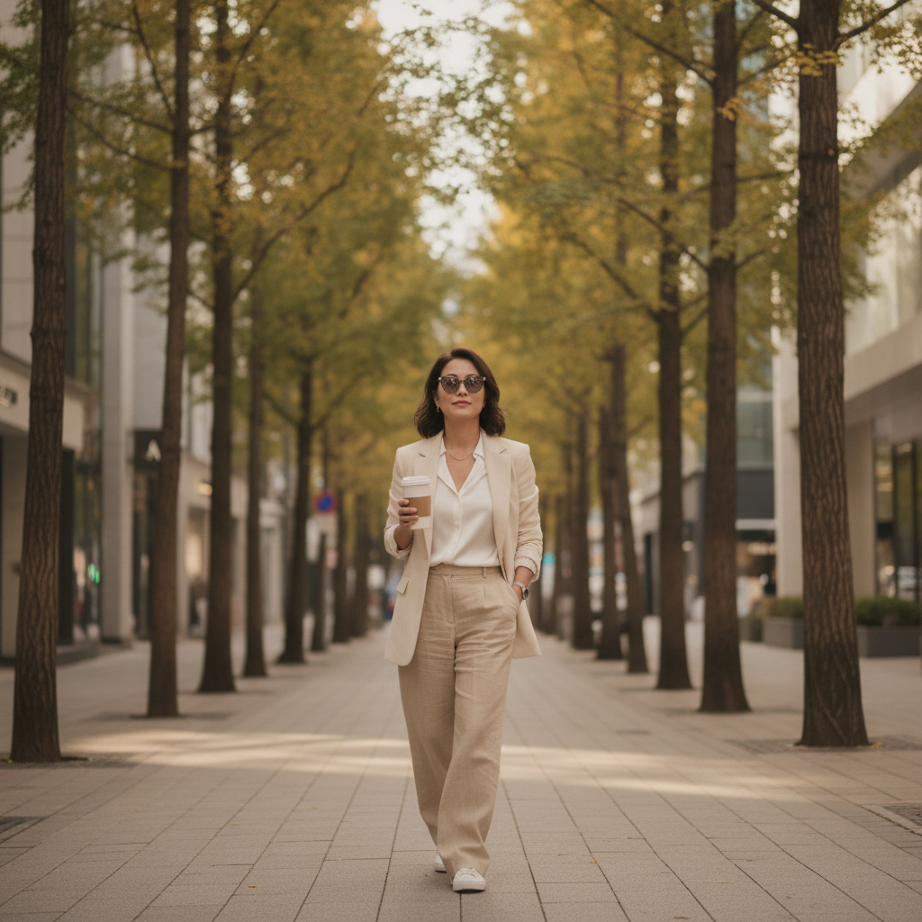 Woman walking a Cheongdam-dong street in Seoul after a tear trough filler appointment