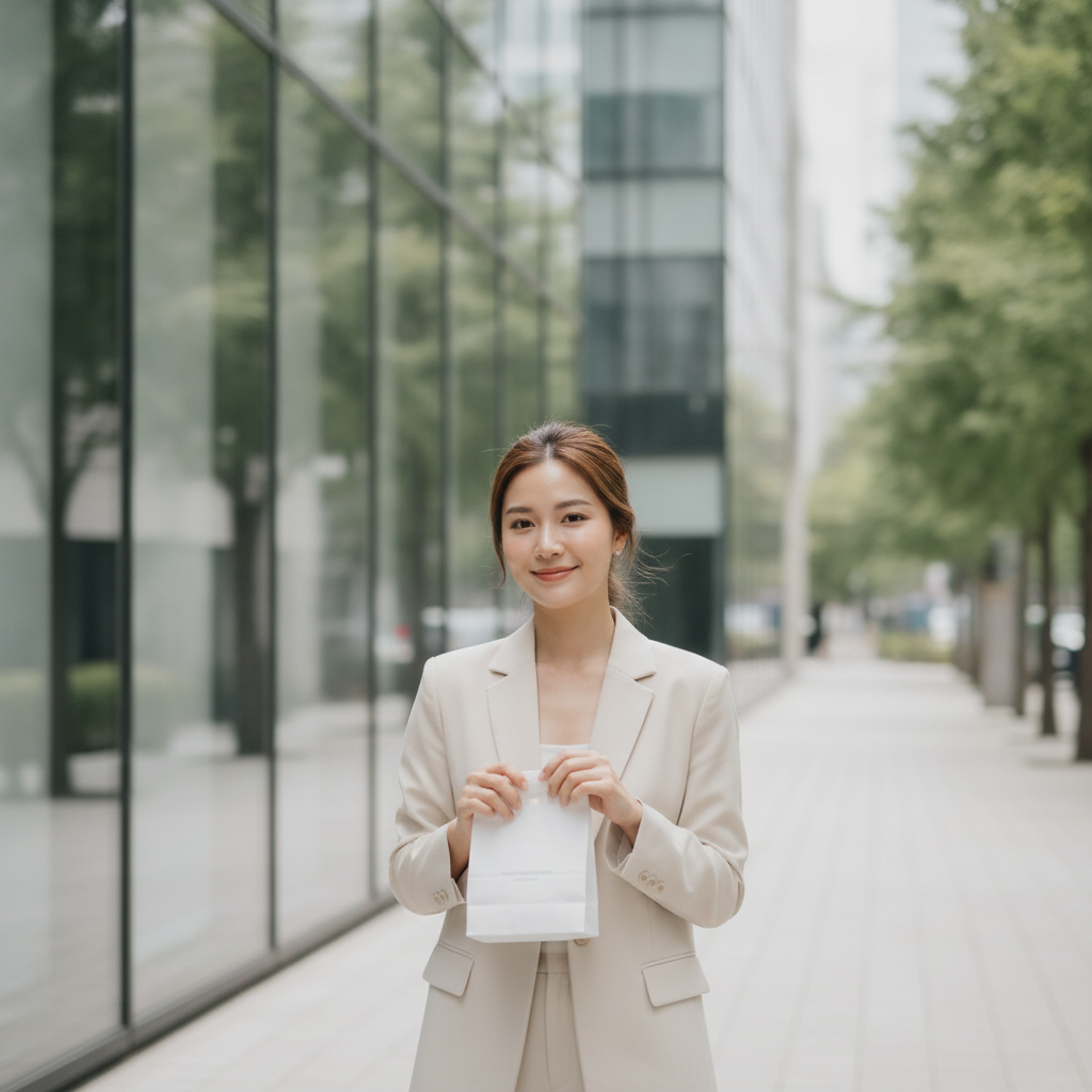 Thai woman in her late twenties walking out of a Seoul aesthetic clinic in Gangnam, glowing skin, relaxed and confident post-treatment