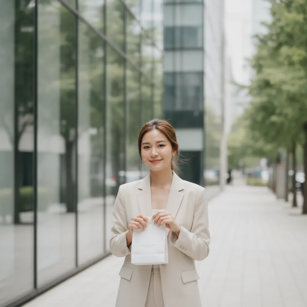 Thai woman in her late twenties walking out of a Seoul aesthetic clinic in Gangnam, glowing skin, relaxed and confident post-treatment
