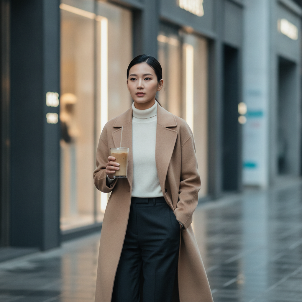 Woman in a beige coat walking a Cheongdam street holding an iced coffee, storefronts blurred behind her.