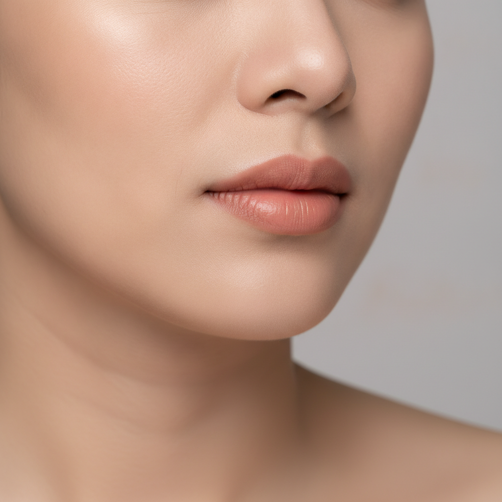 Close-up of a young Thai woman's lower face, showing the subtle crease between mouth corner and chin that Seoul clinics treat as a marionette line.