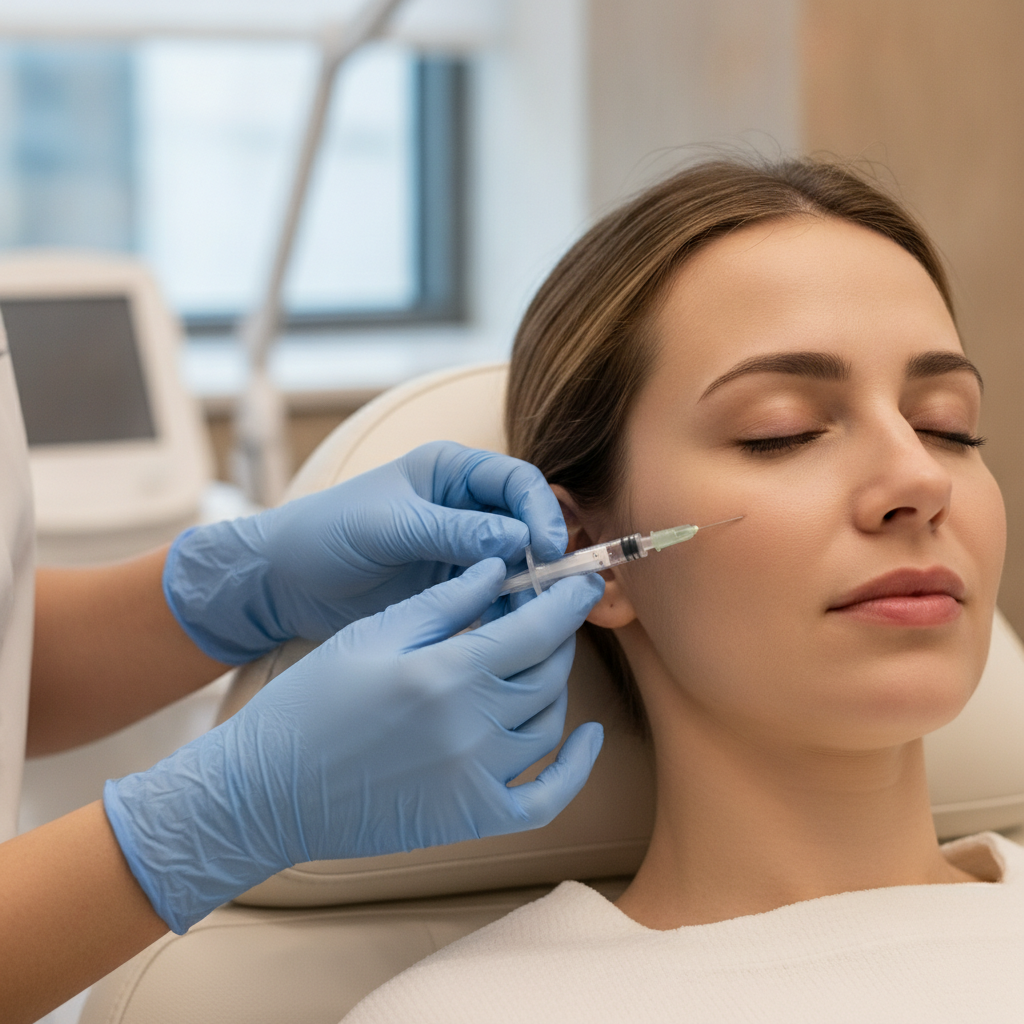 Caucasian woman in her early thirties reclining on a treatment chair as a clinician's gloved hands hold a small syringe near her cheek