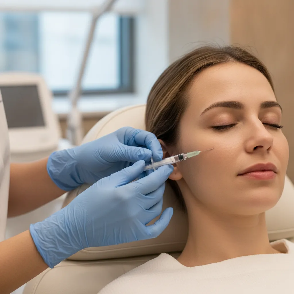 Caucasian woman in her early thirties reclining on a treatment chair as a clinician's gloved hands hold a small syringe near her cheek