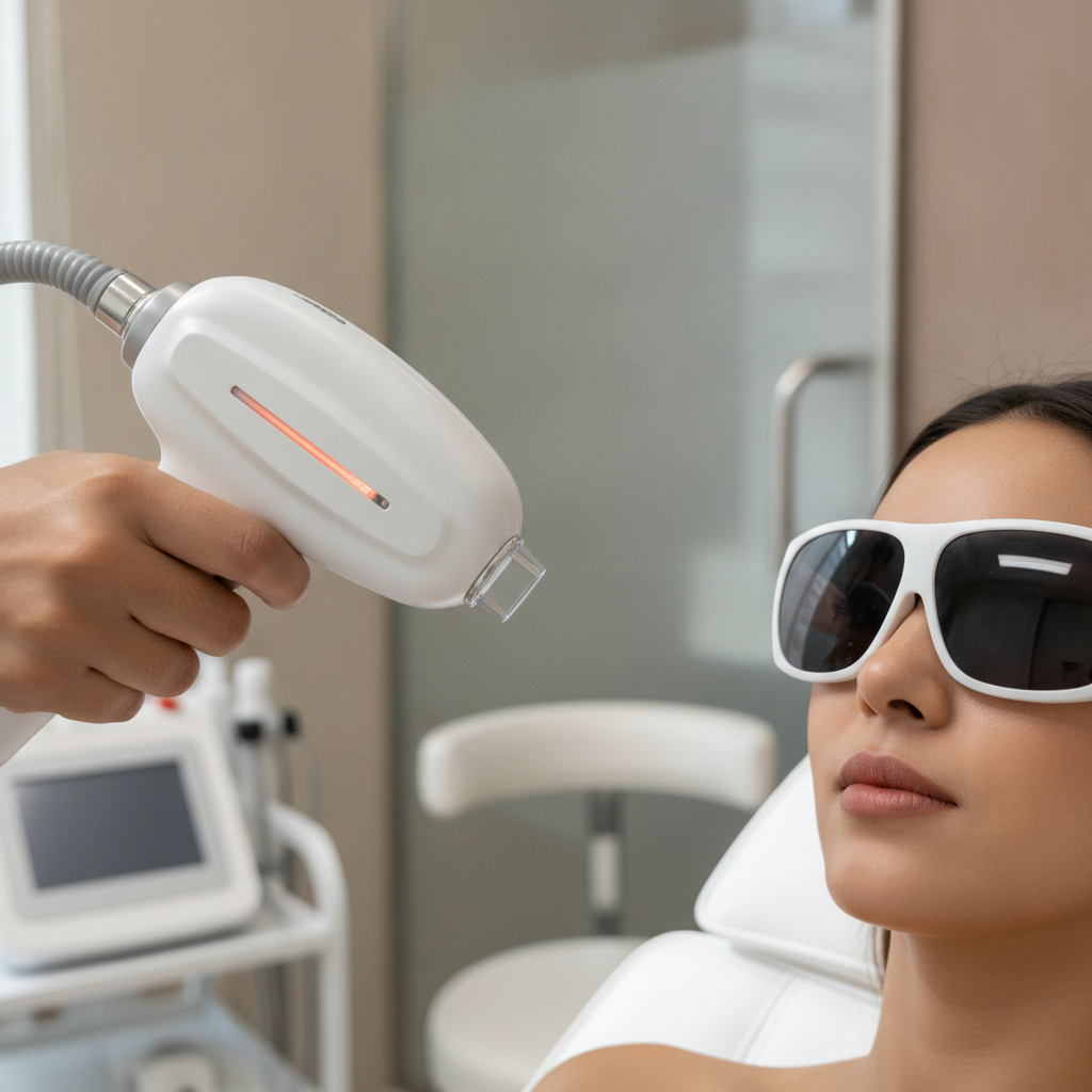 IPL vascular laser handpiece treating cheek redness on a Southeast Asian patient in a Gangnam clinic