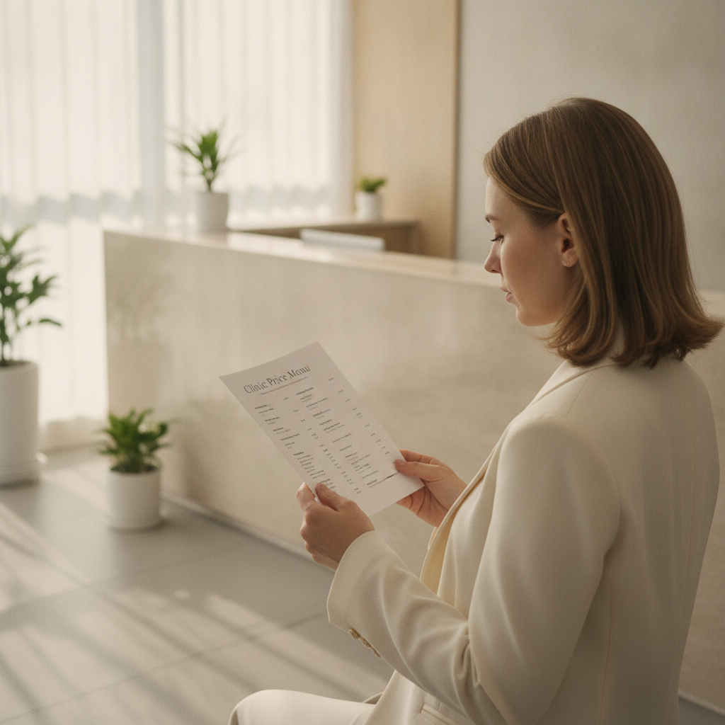 Woman reading a printed aesthetic clinic price menu at a Gangnam Seoul reception desk