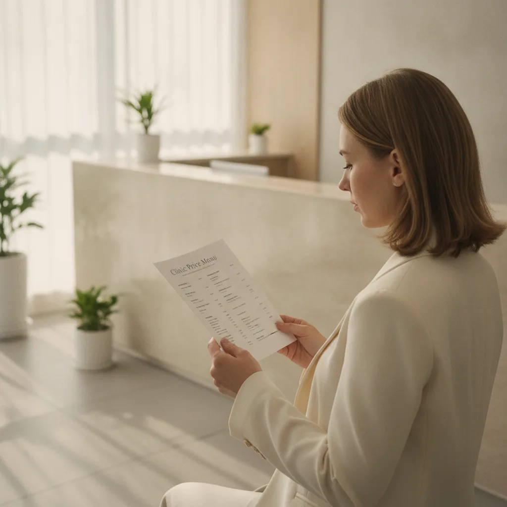 Woman reading a printed aesthetic clinic price menu at a Gangnam Seoul reception desk