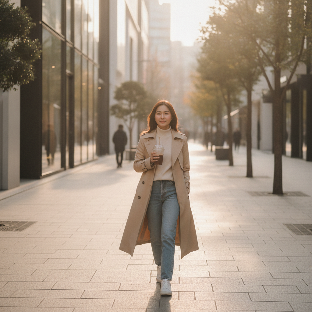 Woman walking an upscale Apgujeong street at golden hour post-treatment.
