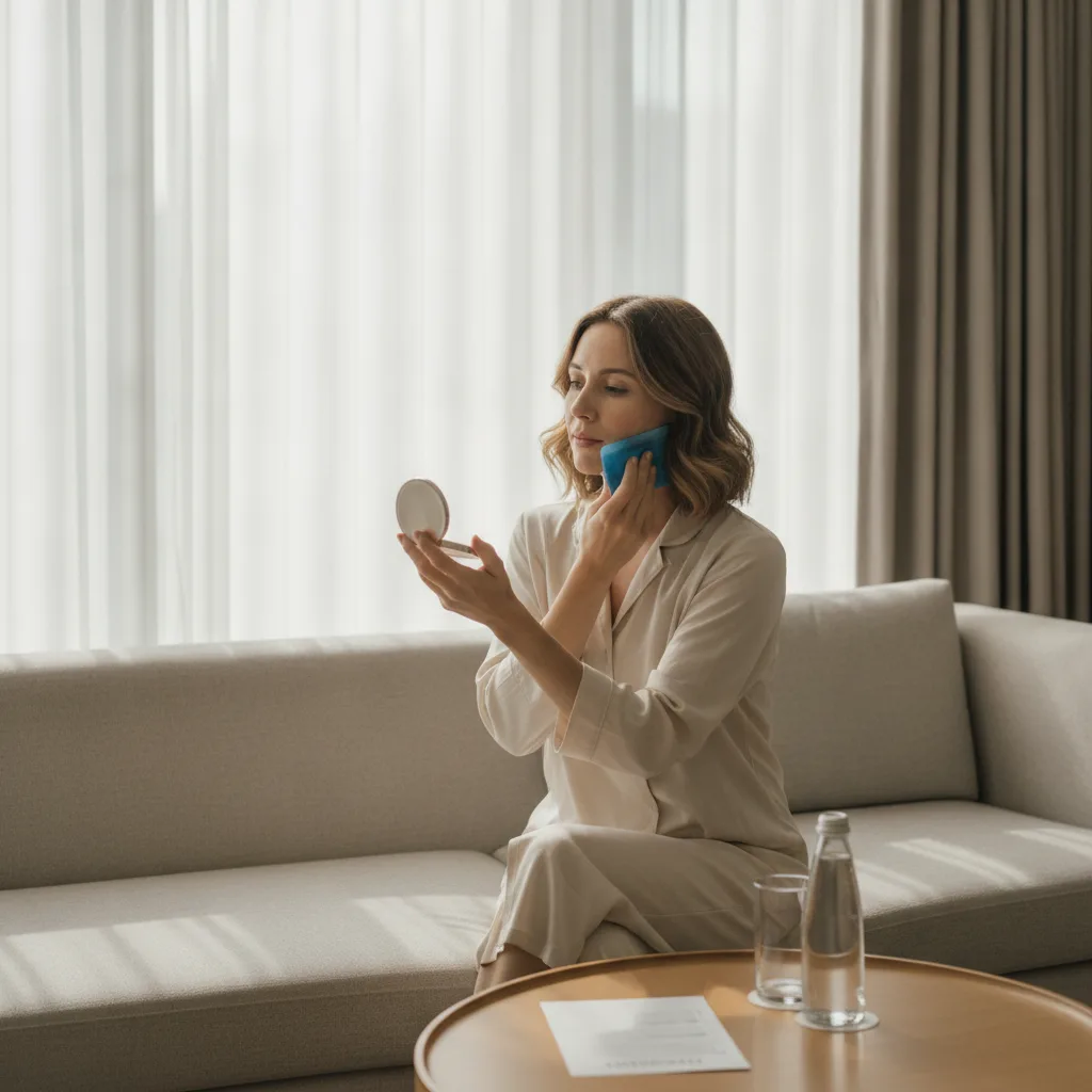 Woman resting in a Seoul hotel room after a clinic visit, holding a cool pack against her cheek