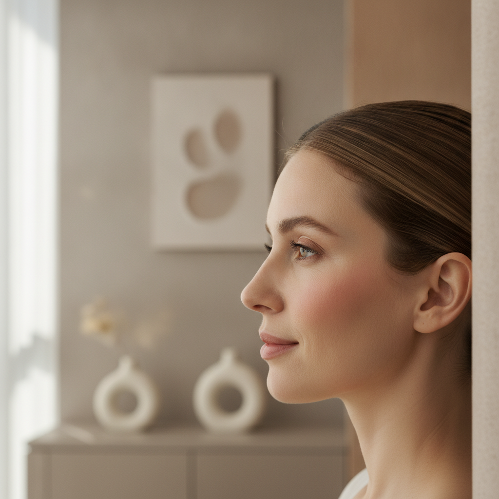 Side profile of a woman in her early thirties in a Seoul aesthetic clinic consultation room with soft neutral lighting.