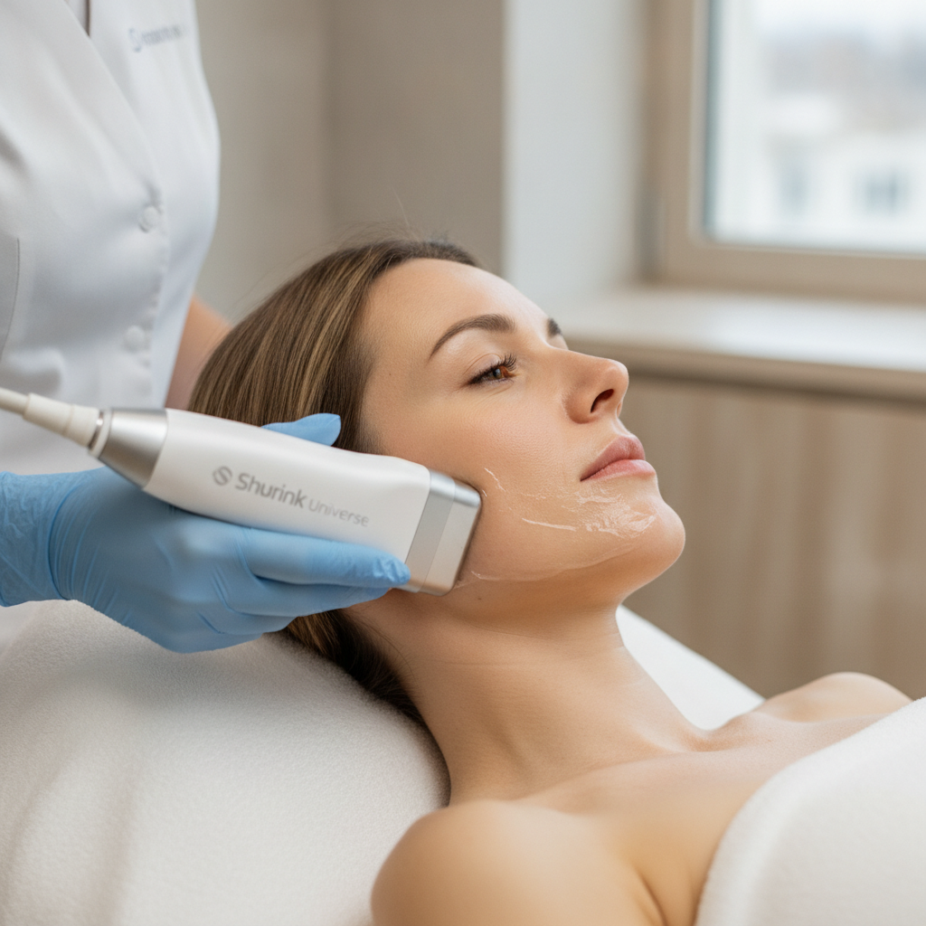 Close-up of a HIFU applicator against a patient's jawline in a Seoul aesthetic clinic.