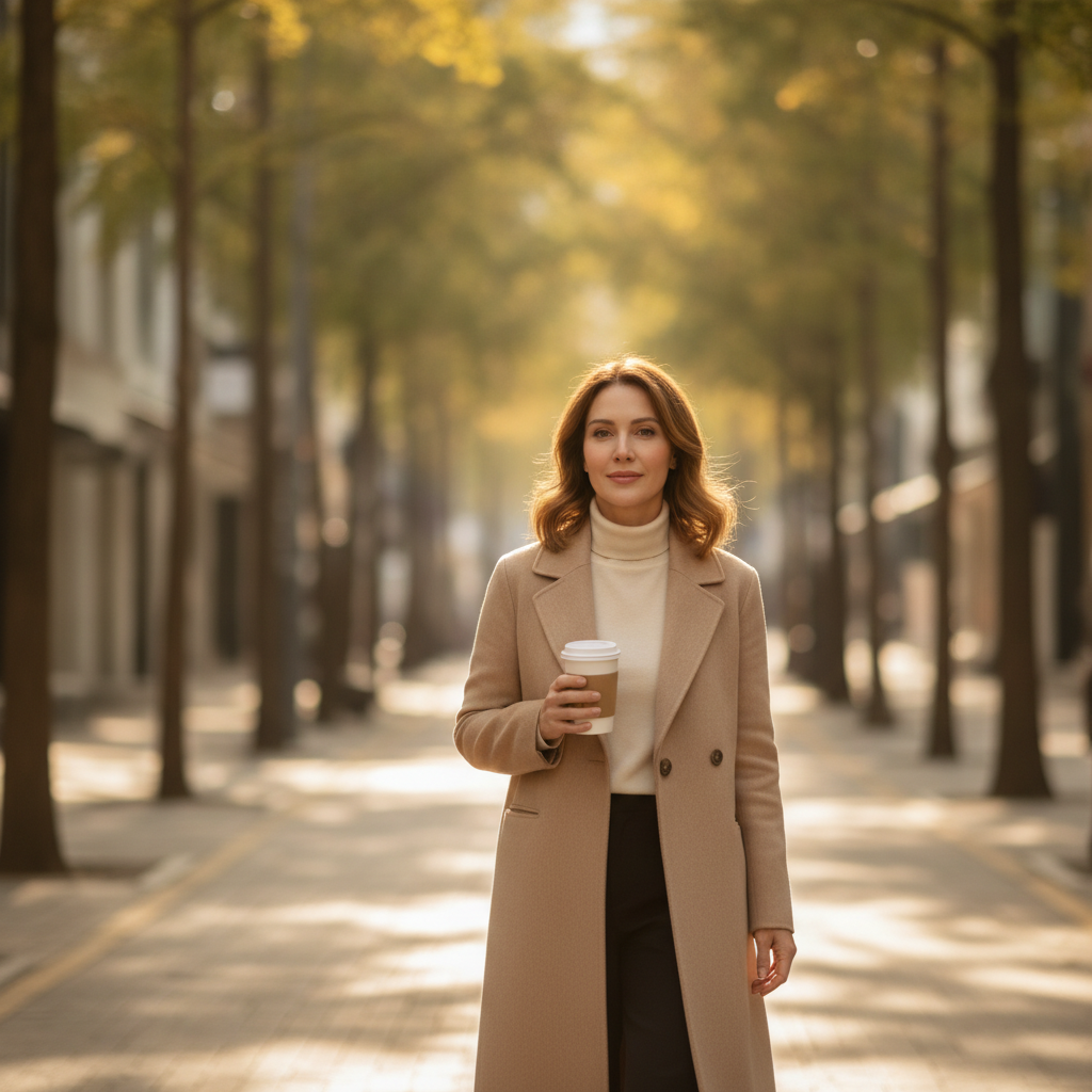 Patient walking down a sunlit Apgujeong street after aesthetic treatment