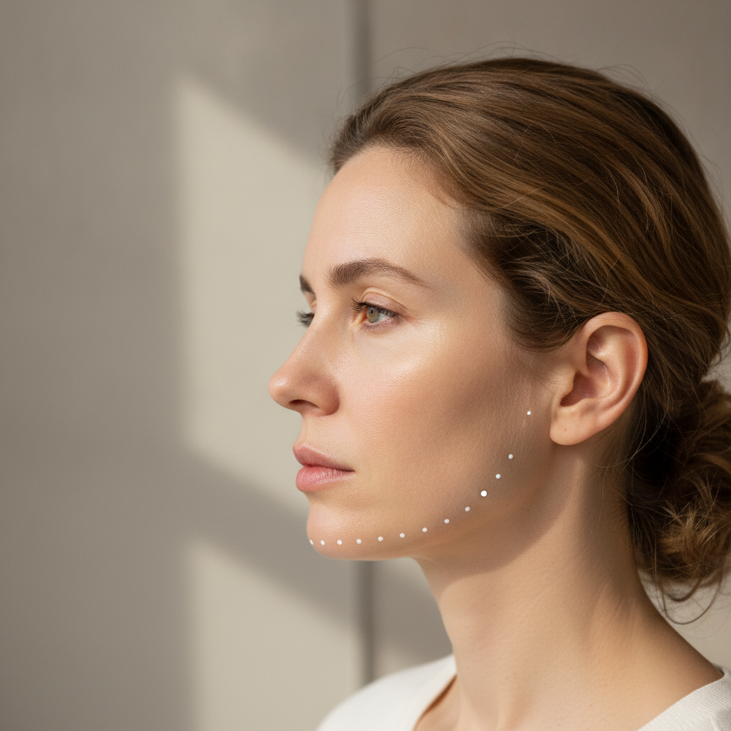 Side profile view of a patient during chin filler planning at a Seoul aesthetic clinic