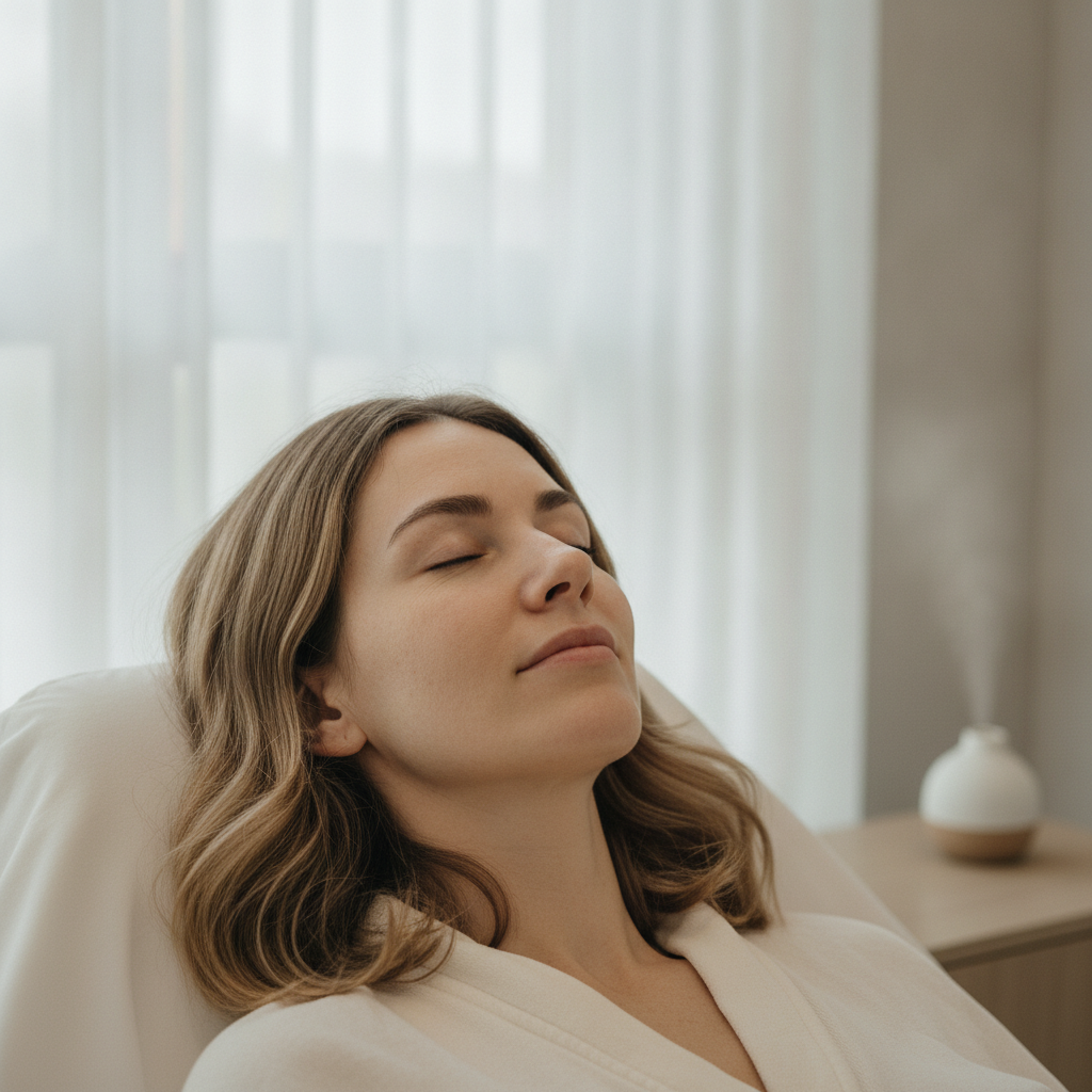 Woman resting with eyes closed in a minimalist Seoul aesthetic clinic room, soft daylight on her under-eye area.