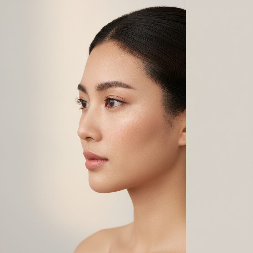 Side profile close-up showing the temple hollow area between brow and hairline