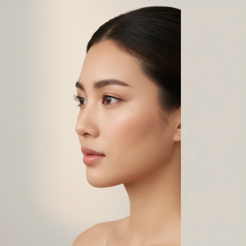 Side profile close-up showing the temple hollow area between brow and hairline