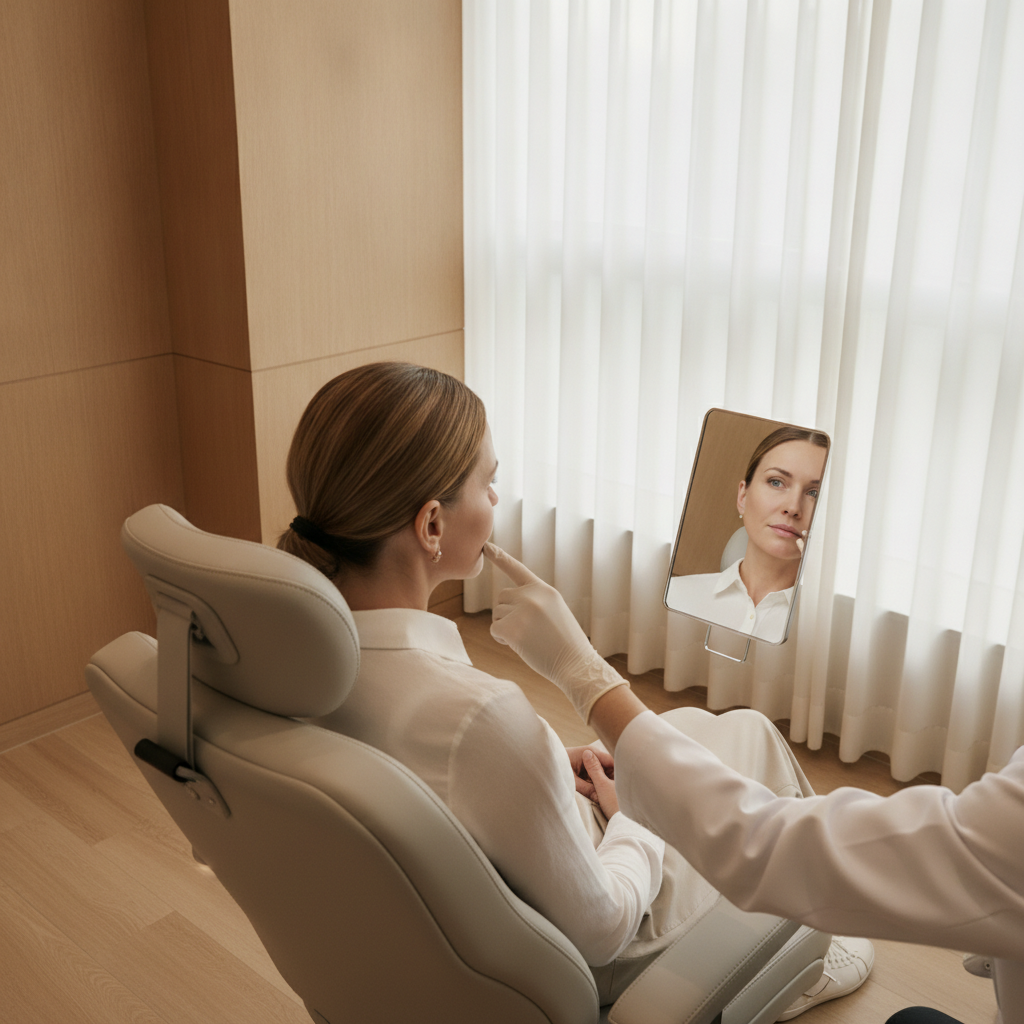 Aesthetic doctor showing a patient her lower face in a mirror during a marionette line consultation at an Apgujeong clinic in Seoul.