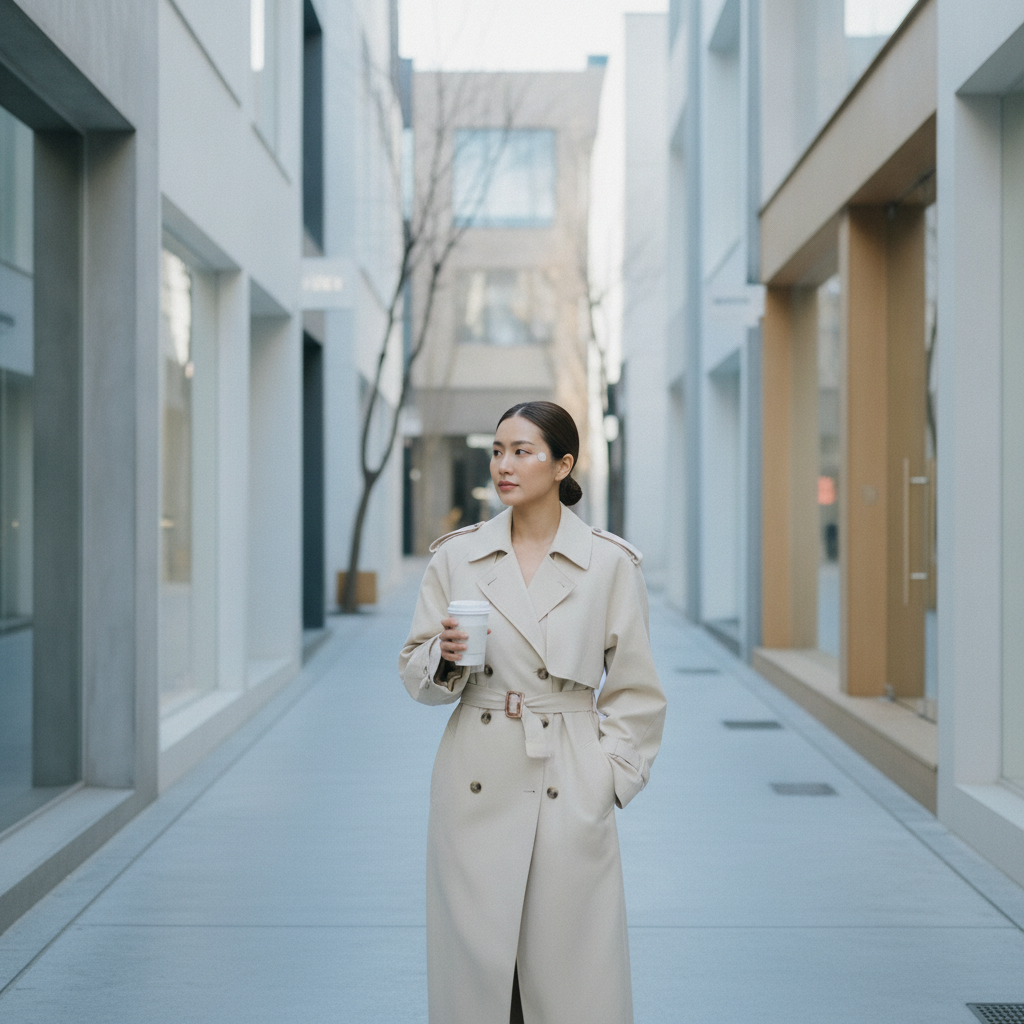Thai woman in a cream trench coat walking a quiet Cheongdam street in Seoul on a bright morning with a small round bandage near the temple.