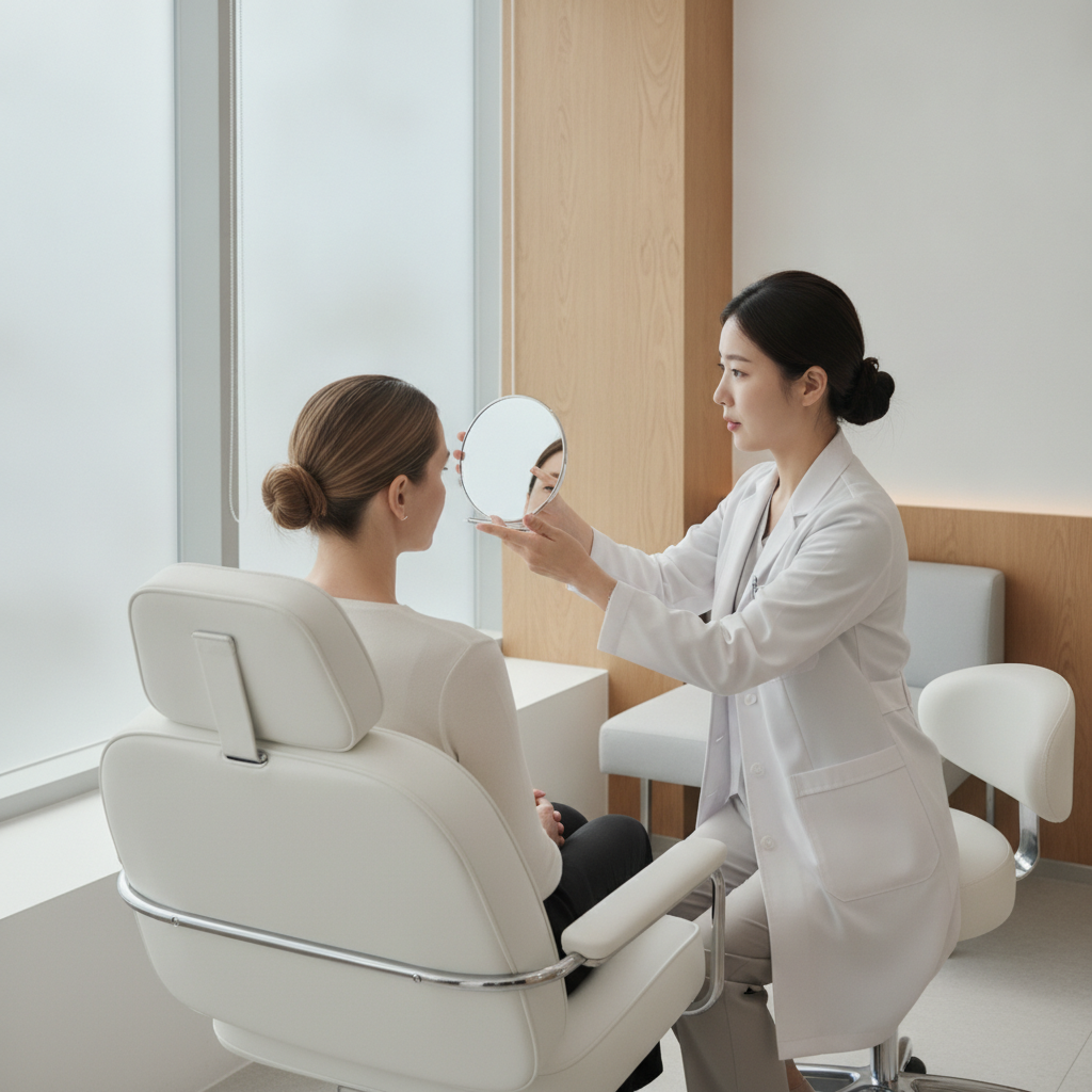 Over-shoulder view of a Western woman consulting with a Korean female doctor about her brow area in an Apgujeong aesthetic clinic.
