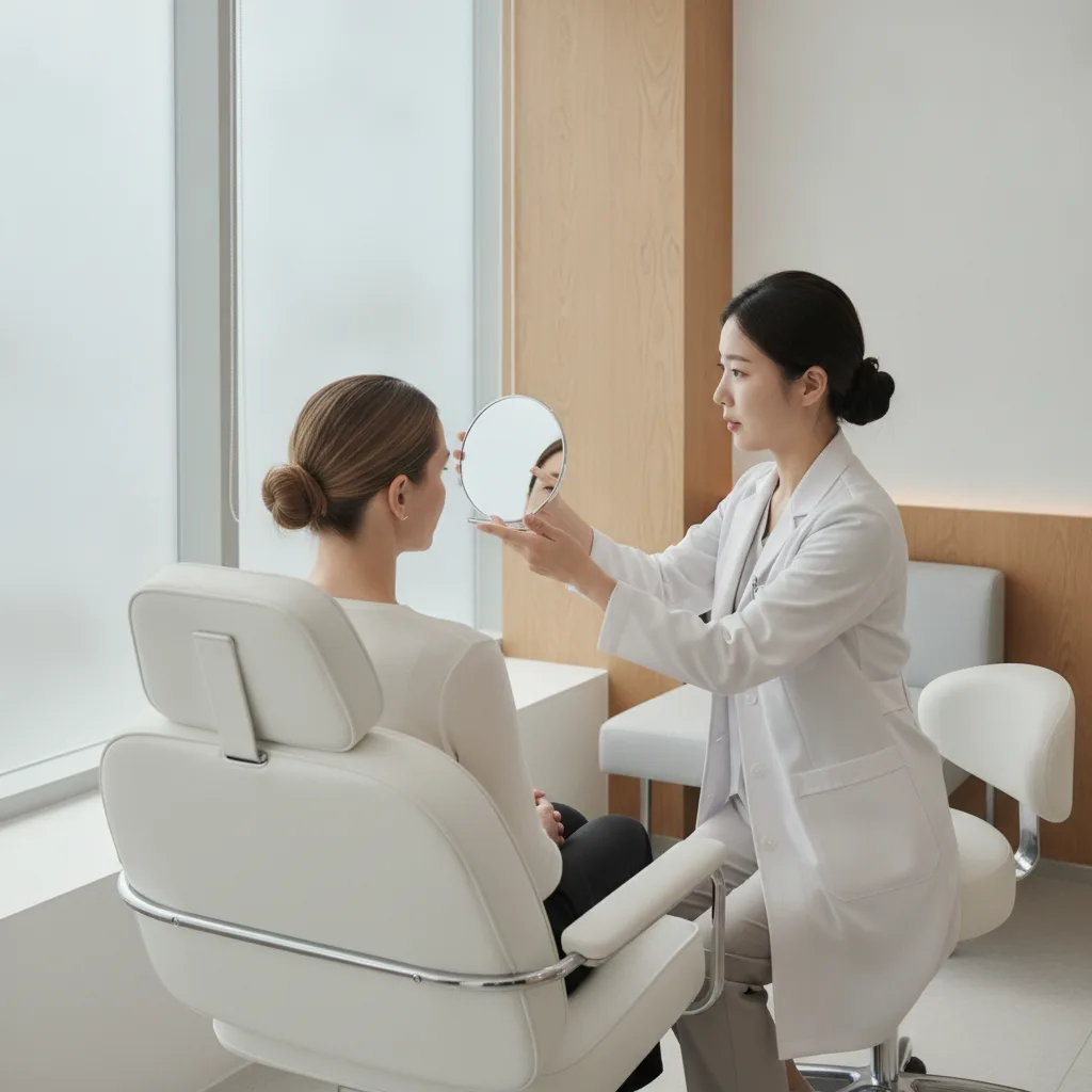Over-shoulder view of a Western woman consulting with a Korean female doctor about her brow area in an Apgujeong aesthetic clinic.