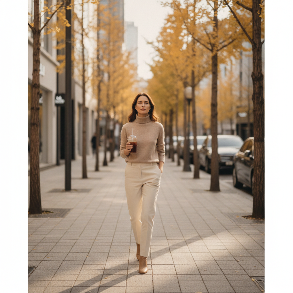 Woman walking a Cheongdam side street with post-treatment glow after a laser session
