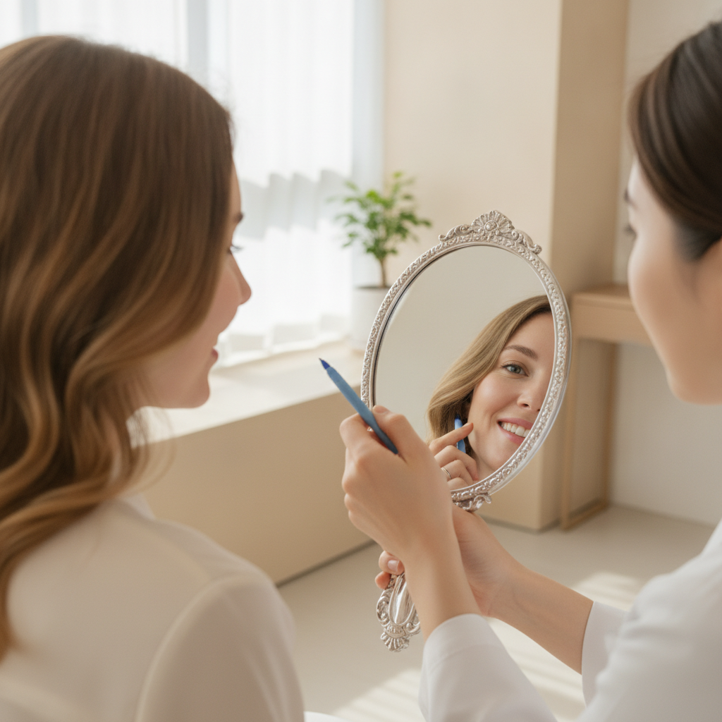Woman reviewing her smile in a hand mirror during a consultation at an Apgujeong aesthetic clinic in Seoul
