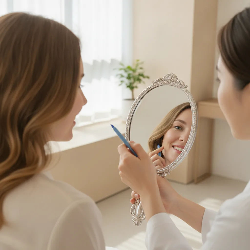 Woman reviewing her smile in a hand mirror during a consultation at an Apgujeong aesthetic clinic in Seoul