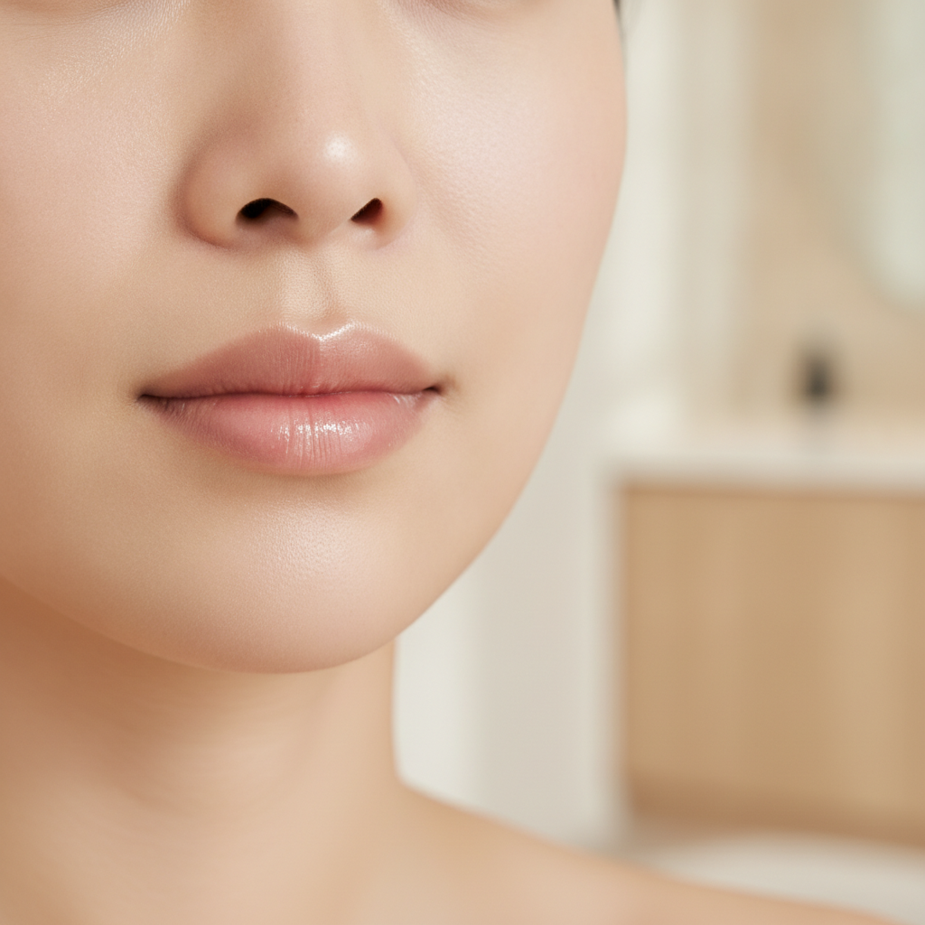 Close-up of a woman's mouth and upper lip showing smooth healthy skin around the vermilion border